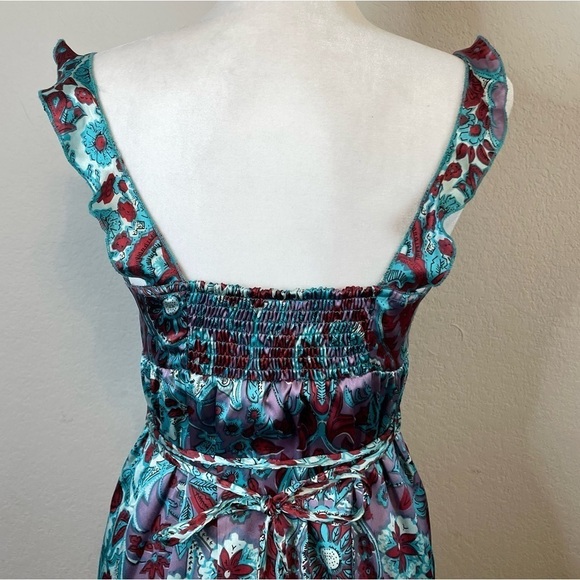 Nolita 100% Silk Boho Midi Length Sleeveless Tiered Dress Turquoise Blue Floral - Picture 7 of 13